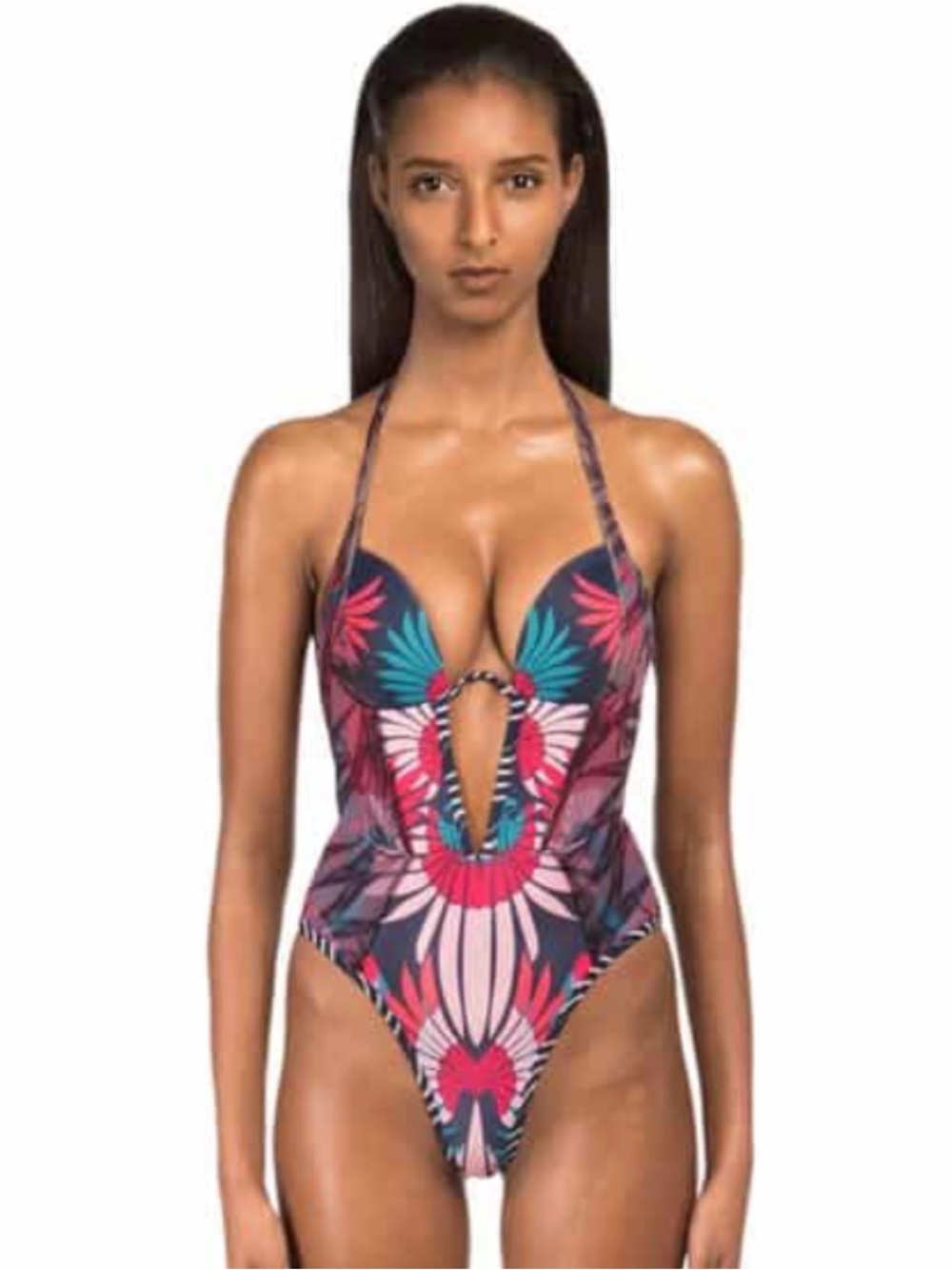 Andrea Iyamah geometric print one-piece swimsuit features plunging neckline Med